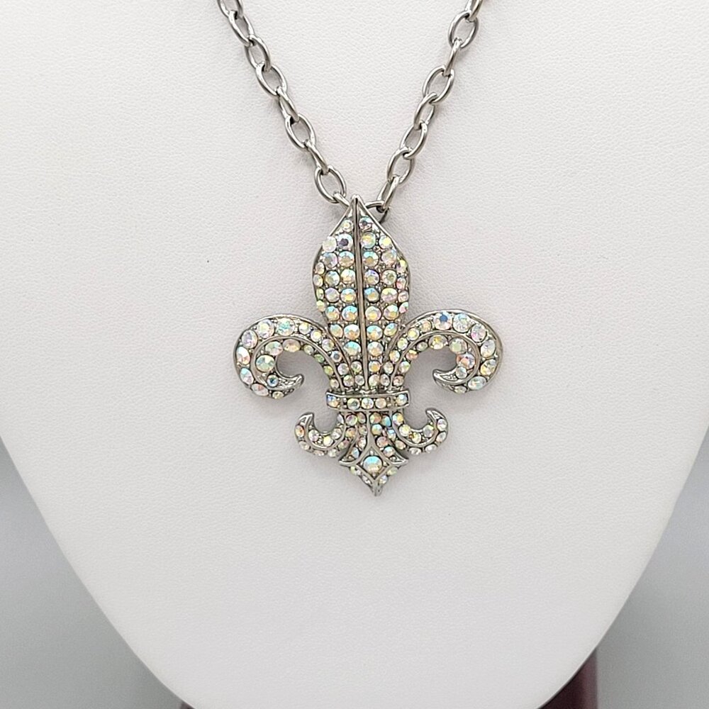 Fleur De Lis Aurora Borealis AB Rhinestone Pendant Necklace Silver Tone Chain